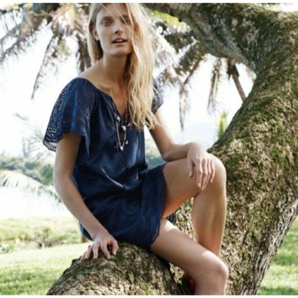 Madewell Dress Navy Blue Medium 6 8 10 Short Sleeve Embroidered Silk Cotton - Picture 7 of 15